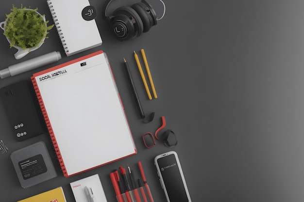 Knolling style shot of Office Supply Items on Dark Gray Background