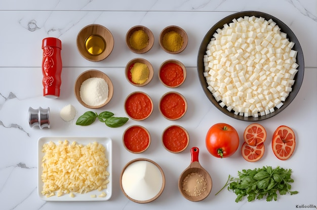 Knolling style shot of Pizza ingredients