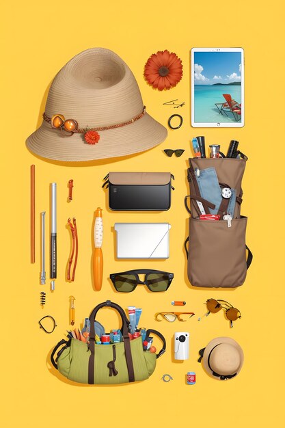 Knolling style shot of Summer vacation objects