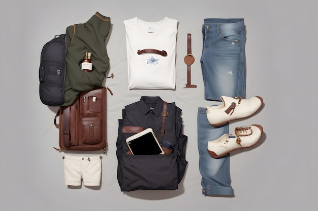 Knolling style shot of traveler's clothes and accessories