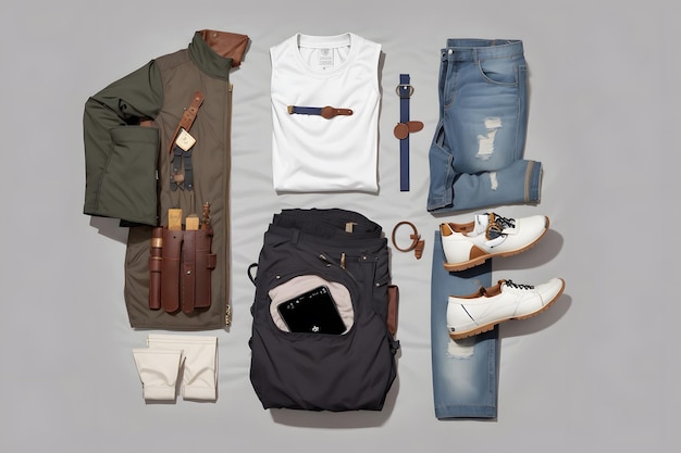 Knolling style shot of traveler's clothes and accessories