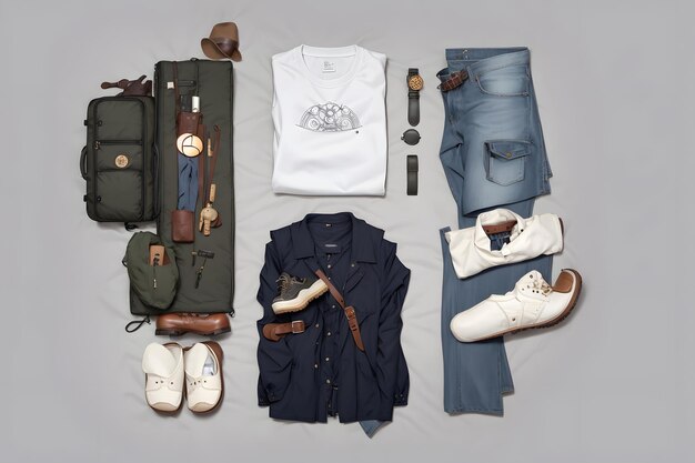 Knolling style shot of traveler's clothes and accessories