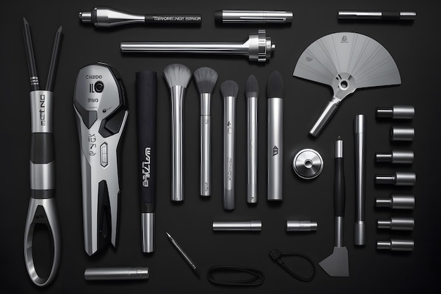 knolling style shot of work tools on black background