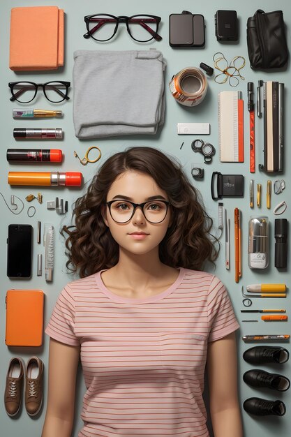 Knolling of young adult woman supplies