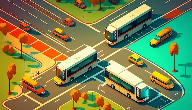 Knooppunt van een moderne stad met verkeer Met behulp van Generative AI werden een zelfrijdende sedan bestelwagen en bus met elkaar verbonden