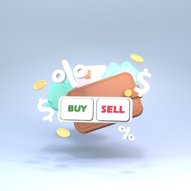 Knoppen voor het kopen en verkopen op de achtergrond van een portemonnee met geld. Het concept van het kopen en verkopen van valuta. 3D-weergave.