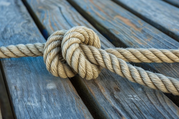 A knot of nautical rope on the wooden deck of a ship An old mooring rope is tangled into a secure knot