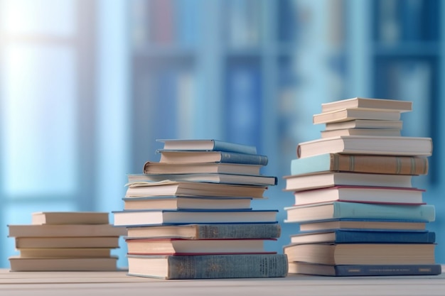 Knowledge in blue hues books on wooden table against pastel backdrop