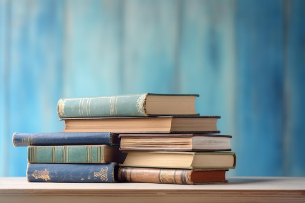 Knowledge in blue hues Books on wooden table against pastel backdrop