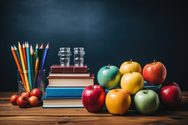 Knowledge and education in realistic school photo with books pencils apples generative ai