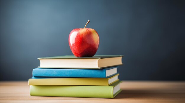 Photo knowledge and nutrition stacked books with apple on top