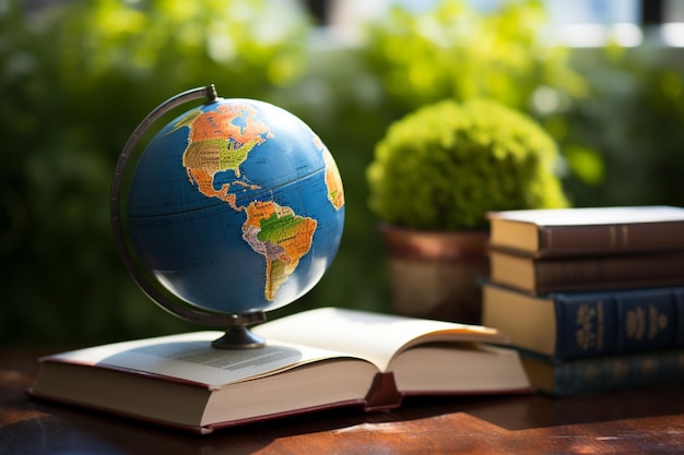 Photo knowledge worldwide earth globe paired with a stack of books