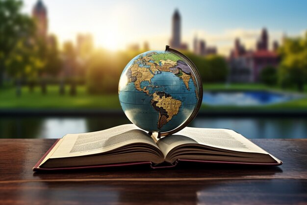 Knowledge worldwide Earth globe paired with a stack of books