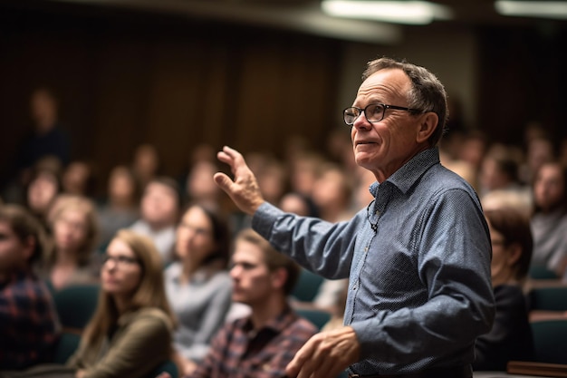 A knowledgeable professor conducts a seminar in a grand lecture hall filled with eager students The professor stands at the front of the room gesturing Generative Ai