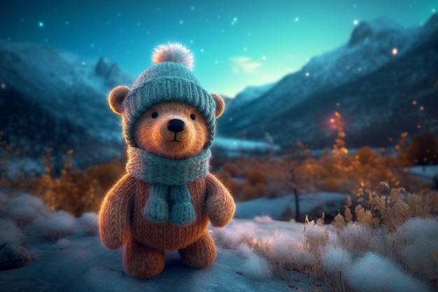 Knuffelige teddybeer versierd met een gebreide hoed die geniet van de wintersneeuw tegen een bergachtige achtergrond