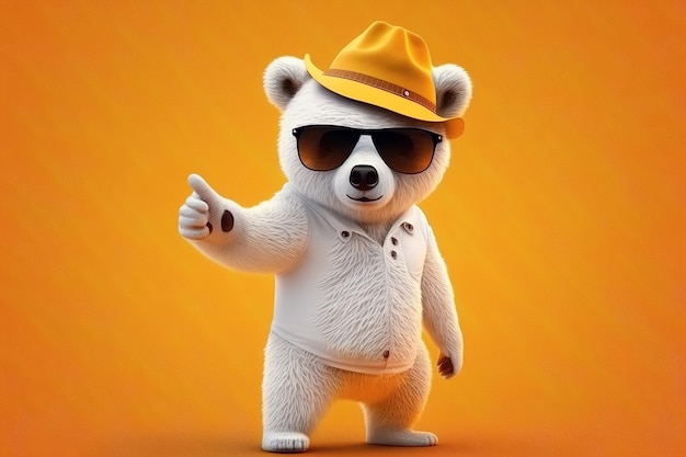 Knuffelkarakter een witte beer met hoed en zonnebril wijst met vinger op gele achtergrond Generatieve AI illustratie