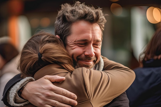 Foto knuffels dag man en vrouw omhelzen elkaar in een warme omhelzing