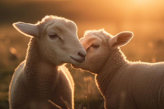 Knuffeltijd voor twee jonge lammetjes die oog in oog staan in het zachte licht van het gouden uur