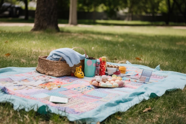 Knutselen en projecten op een picknickkleed in de achtertuin gemaakt met generatieve AI