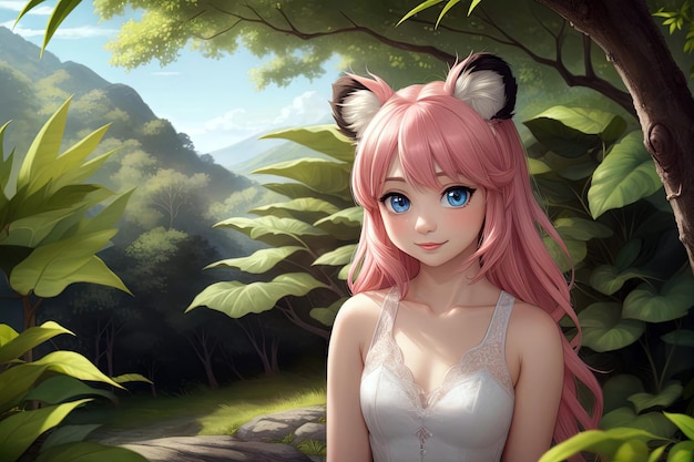 A Koala anthropomorphic animal girl with pink hair cute illustration generative ai