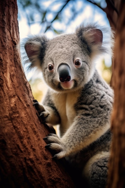 a koala bear climbing a tree