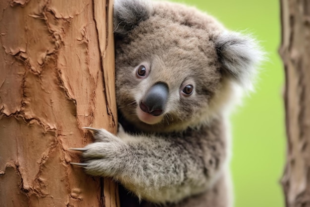 Koala bear clinging onto a eucalyptus tree