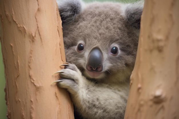 Koala bear clinging onto a eucalyptus tree