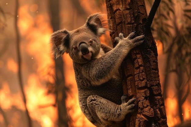 A koala bear clings to a tree during a forest fire in australia generative ai