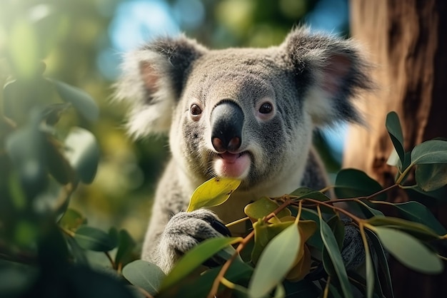 A koala bear eating eucalyptus on a tree