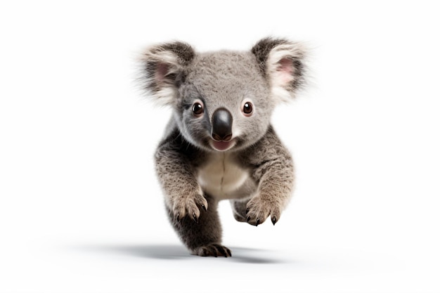 a koala bear is running on a white surface