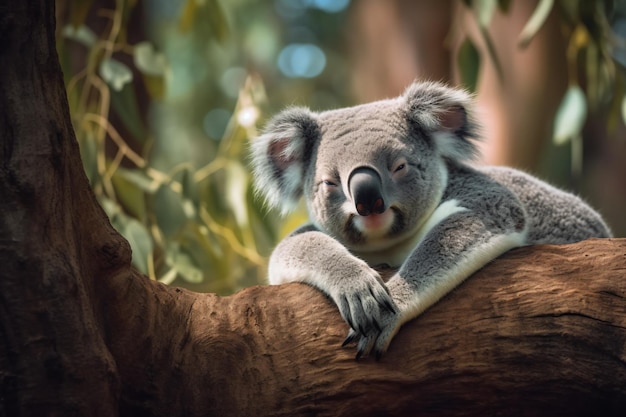 A koala bear is sitting on a branch in a tree.