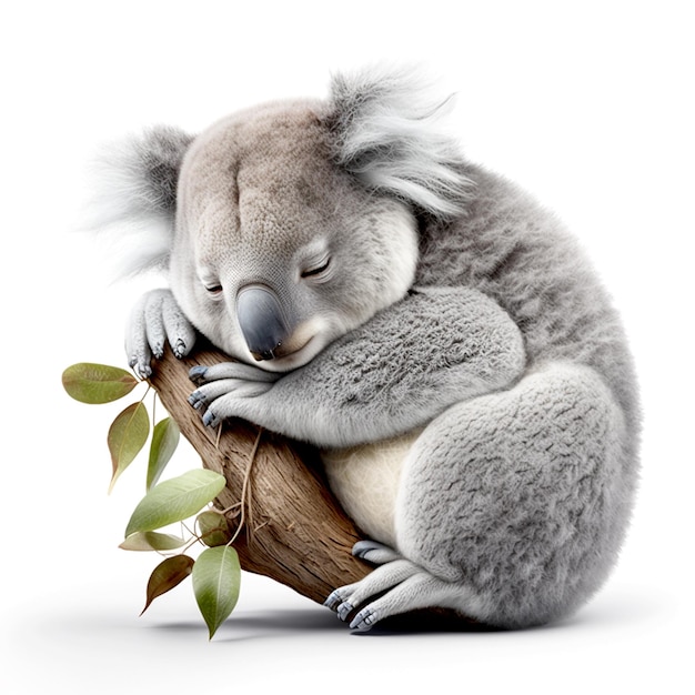 A koala bear is sleeping on a tree branch.