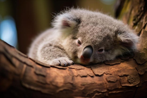 a koala bear is sleeping on a tree branch