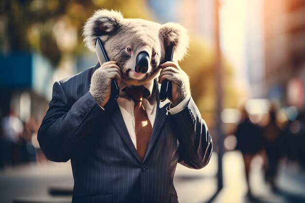 koala bear portrait in suit use mobile phone on city street Generative AI