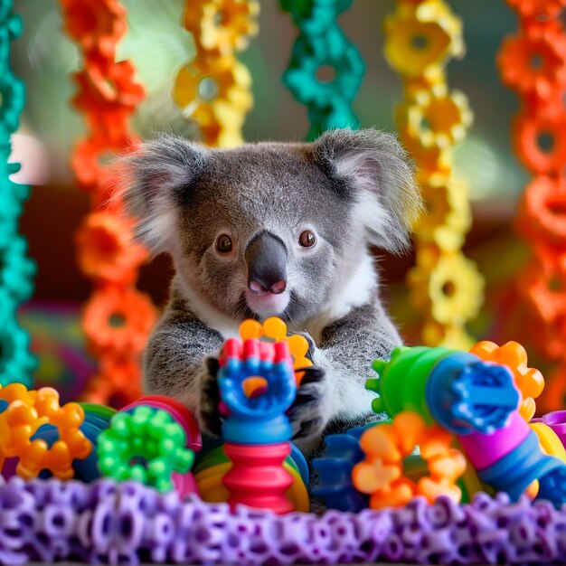 a koala bear sits in front of a colorful toy