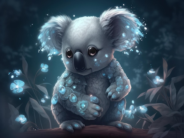 A koala bear sits on a tree branch with blue flowers.