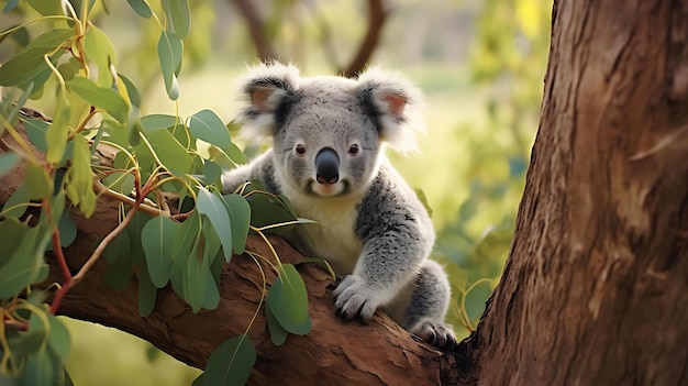 A koala bear sits in a tree