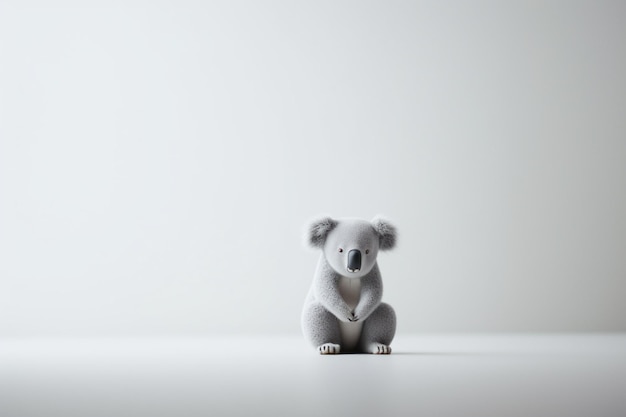 A koala bear sits on a white table.