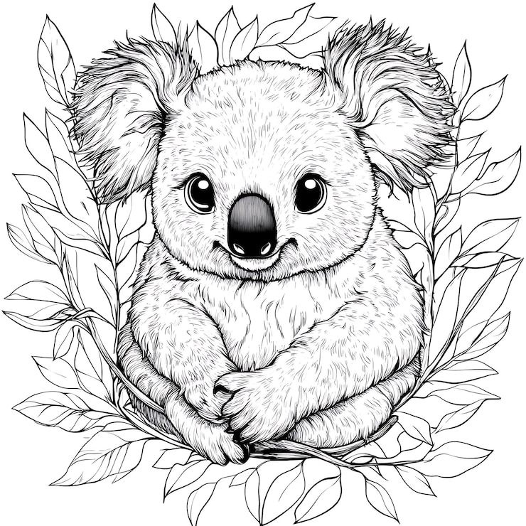 Photo a koala bear sitting on a branch with leaves around it