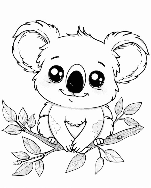 Photo a koala bear sitting on a branch with leaves and leaves around it generative ai