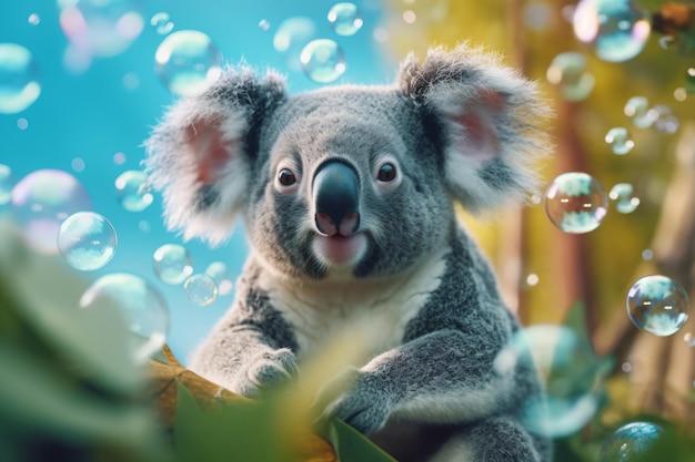 a koala bear sitting on a tree branch surrounded by bubbles