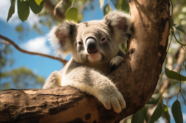 a koala bear sitting in a tree with its mouth open