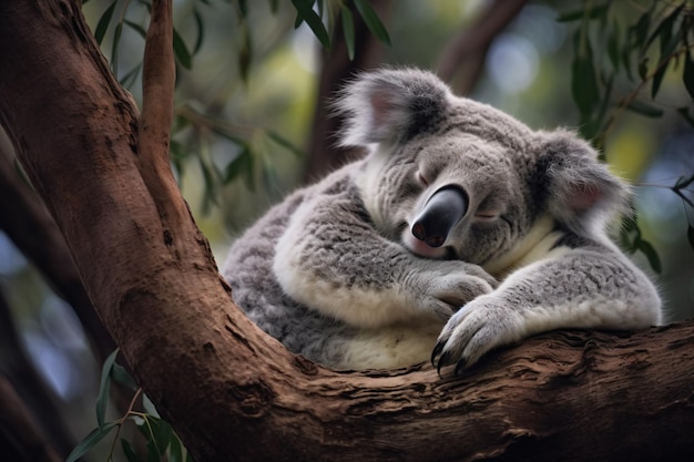 A koala bear sleeps in a tree