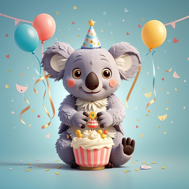 Photo a koala bear with a birthday cake and balloons