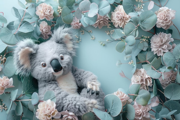 Photo a koala bear with a blue background with flowers and a sign that says  koala