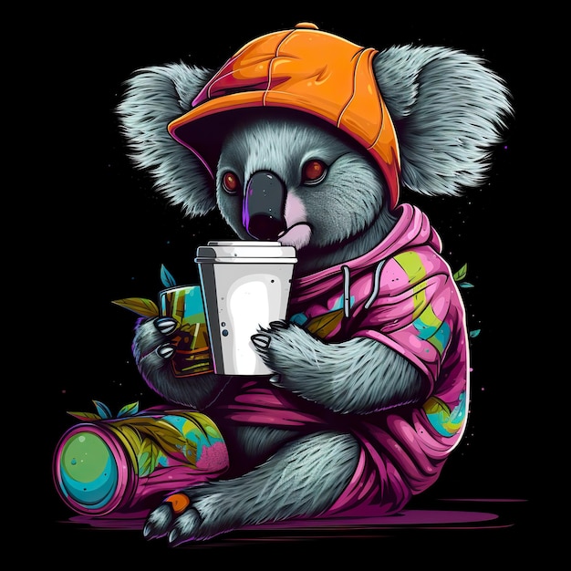 A koala bear with a cup of coffee AI generative image