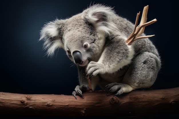 A koala bear with a feather in its paw