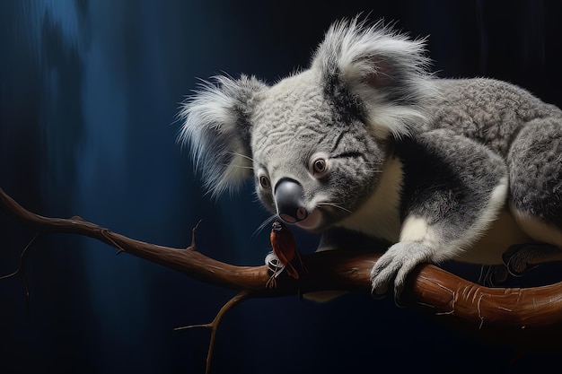 A koala bear with a feather in its paw