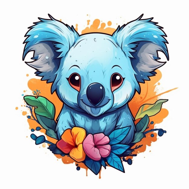 Foto un orso koala con fiori e foglie su uno sfondo bianco