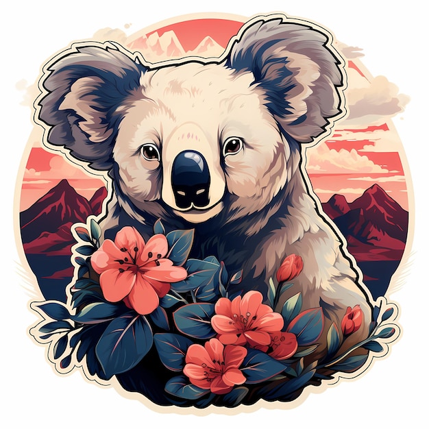 a koala bear with flowers and a red background with mountains in the background